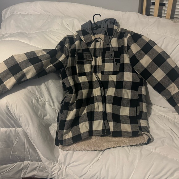 LEVI'S BRAND MENS BLACK & WHITE CHECKERED HOODED FLANNEL JACKET SIZE XL - Picture 2 of 6
